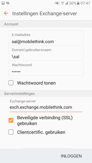 Voer Gebruikersnaam en Exchange serveradres in. Selecteer INLOGGEN