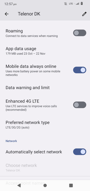 Scroll to and select Preferred network type