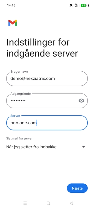 Indtast Brugernavn og indgående serveradresse. Vælg Næste