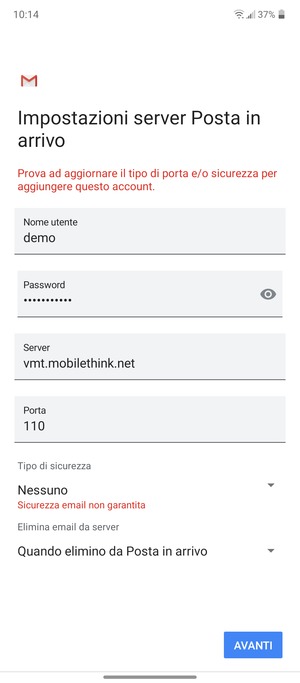 Seleziona AVANTI