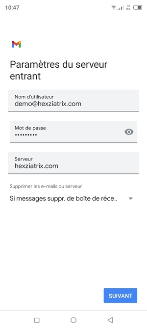 Saisissez votre Nom d'utilisateur et l'adresse du serveur entrant. Sélectionnez SUIVANT