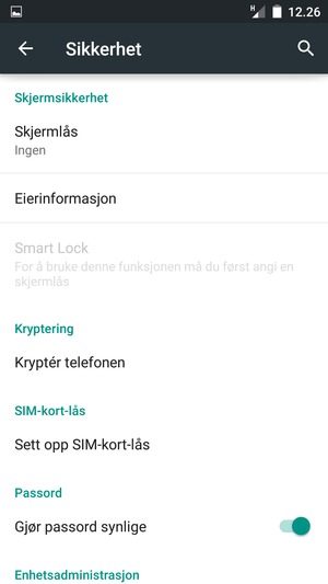 For å aktivere skjermlåsen, gå til Sikkerhet-menyen og velg Skjermlås