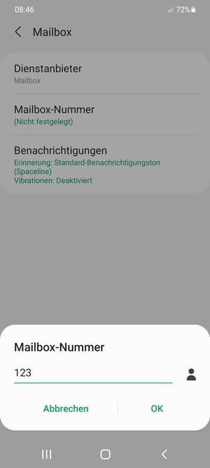 Geben Sie die Mailbox-Nummer ein und wählen Sie OK