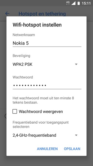 Voer een wachtwoord van een WiFi-hotspot in van ten minste 8 tekens en selecteer OPSLAAN