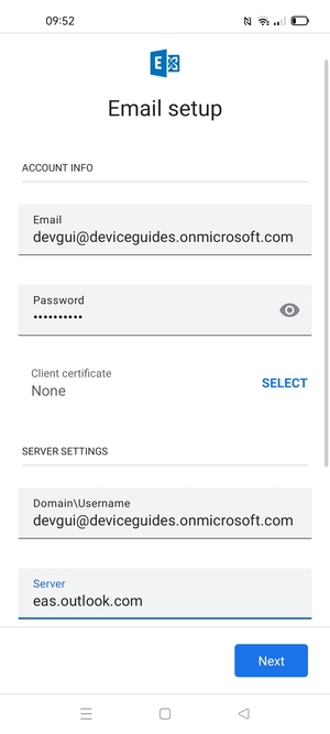 Enter Username and Exchange server address. Select Next