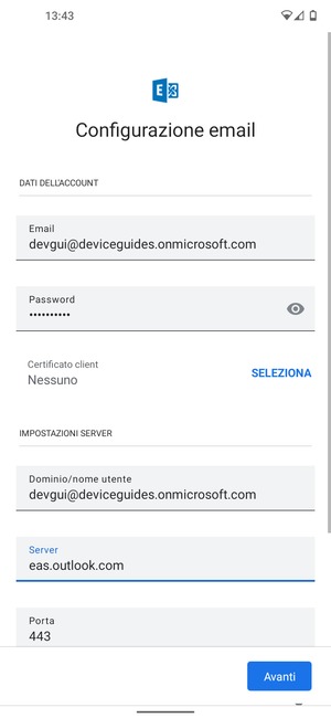 Inserisci Nome utente e l'indirizzo del server Exchange. Seleziona Avanti