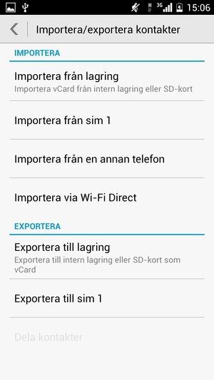 Välj Importera från sim 1 eller Importera från sim 2