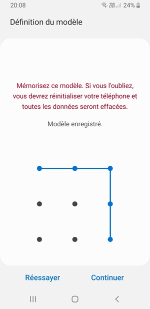Dessinez un motif de déverrouillage et sélectionnez Continuer