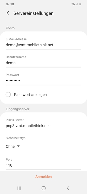 Geben Sie Benutzername und die Server-Adresse für eingehende Post ein