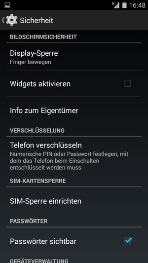 Um die PIN für die SIM-Karte zu wechseln, gehen Sie zum Sicherheit Menü zurück und wählen Sie SIM-Sperre einrichten
