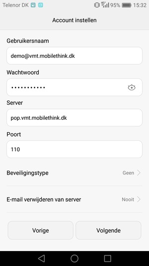 Voer Gebruikersnaam en binnenkomend serveradres in. Selecteer Volgende