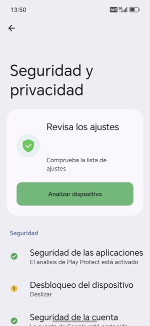 Para activar su bloqueo de pantalla, vaya al menú Seguridad y privacidad y seleccione Desbloqueo del dispositivo