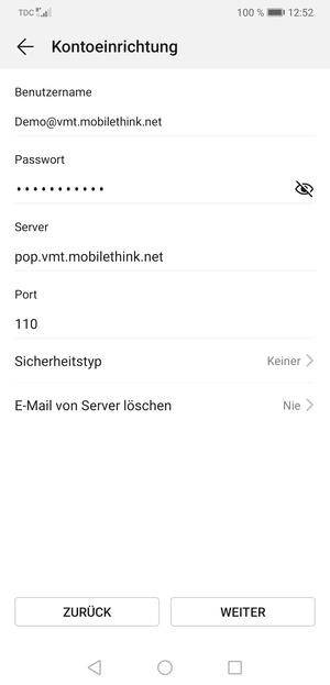 Geben Sie Benutzername und die Server-Adresse für eingehende Post ein. Wählen Sie WEITER