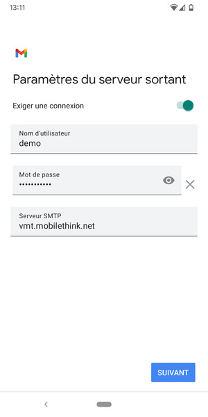 Saisissez l'adresse du serveur sortant