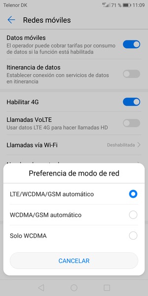 Seleccione WCDMA/GSM automático para habilitar 3G y LTE/WCDMA/GSM automático para habilitar 4G