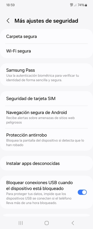 Seleccione Seguridad de tarjeta SIM