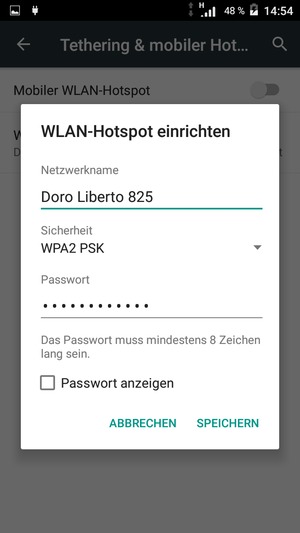 Geben Sie eine WLAN-Hotspot-Passwort mit mindestens 8 Zeichen ein und wählen Sie SPEICHERN