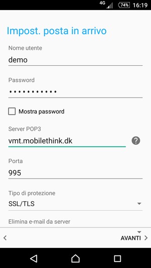 Inserisci Nome utente e l'indirizzo del server di posta in arrivo