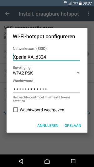 Voer een wachtwoord van een WiFi-hotspot in van ten minste 8 tekens en selecteer OPSLAAN