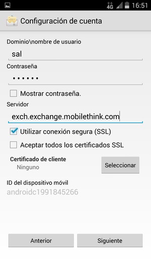 Introduzca Nombre de usuario y la dirección de servidor Exchange. Seleccione Siguiente