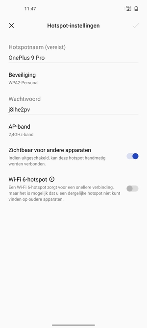 Voer een wachtwoord van een WiFi-hotspot in van ten minste 8 tekens en selecteer OK