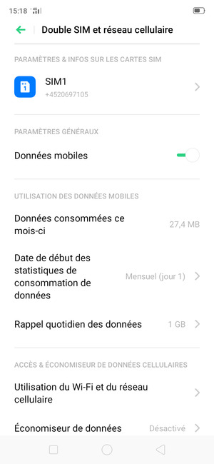 Sélectionnez SIM1 ou SIM2