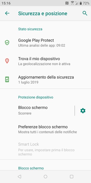 Per attivare il blocco dello schermo, torna al menu Sicurezza e posizione e seleziona Blocco schermo