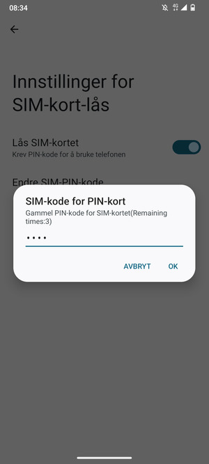 Skriv inn en Gammel PIN-kode for SIM-kort og velg OK