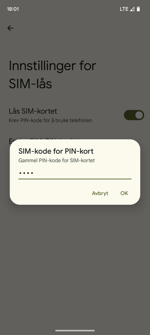 Skriv inn Gammel PIN-kode for SIM-kort og velg OK