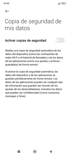 Active Activar copias de seguridad