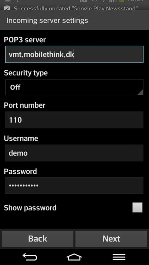 Enter Incoming server address and Username. Select Next