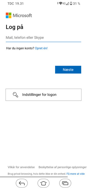 Indtast din e-mailadresse og vælg Næste