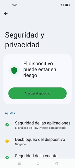 Para activar su bloqueo de pantalla, vaya al menú Seguridad y privacidad y seleccione Desbloqueo del dispositivo