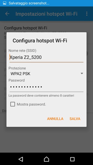 Inserisci una password dell'hotspot Wi-Fi di almeno 8 caratteri e seleziona SALVA