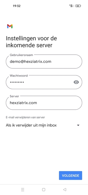 Voer Gebruikersnaam en binnenkomend serveradres in. Selecteer VOLGENDE