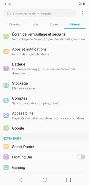 Retournez au menu Général et sélectionnez Comptes