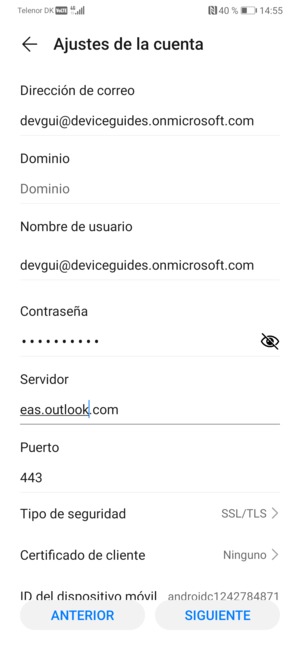 Introduzca la dirección de servidor Exchange y seleccione SIGUIENTE