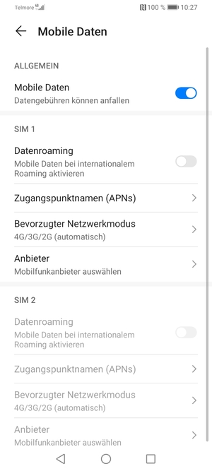 Scrollen Sie zu SIM 1 oder SIM 2 und wählen Sie Zugangspunktnamen (APNs)