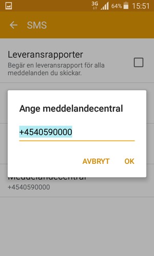Ange Meddelandecentral-numret och välj OK