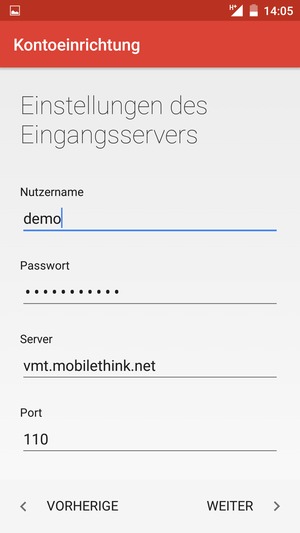 Geben Sie Benutzername und die Server-Adresse für eingehende Post ein