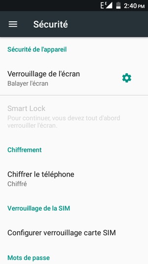 Sélectionnez Configurer verrouillage carte SIM