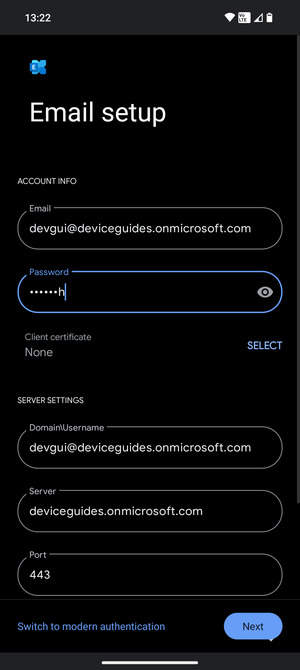 Enter Username and Exchange server address. Select Next