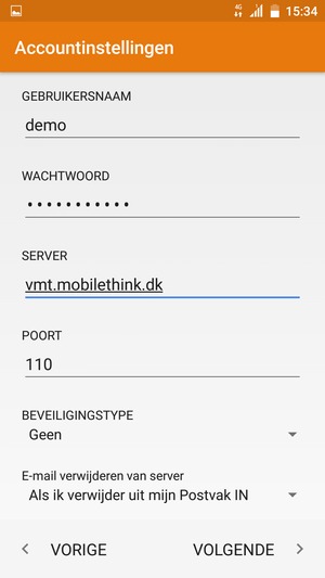 Voer GEBRUIKERSNAAM en binnenkomend serveradres in. Selecteer VOLGENDE