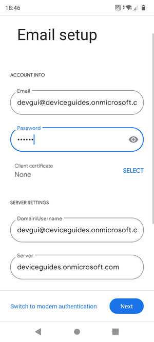 Enter Username and Exchange server address. Select Next