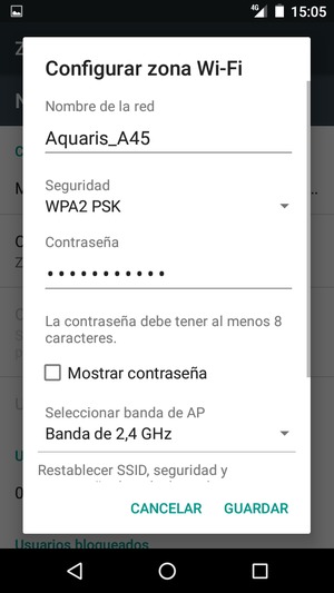 Introduzca una contraseña de punto de acceso Wi-Fi de al menos 8 caracteres y seleccione GUARDAR