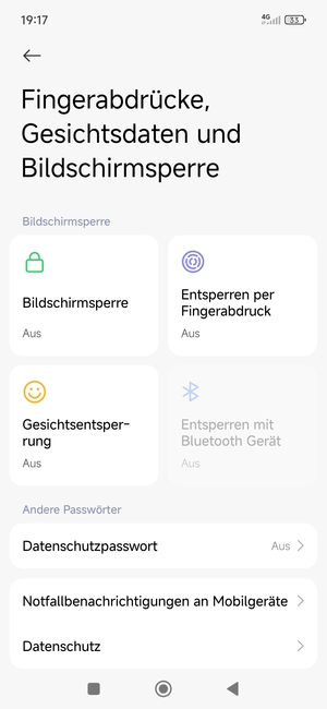 Um Ihre Bildschirmsperre zu aktivieren, gehen Sie zurück zum Fingerabdrücke, Gesichtsdaten und Bildschirmsperre Menü und wählen Sie  Bildschirmsperre