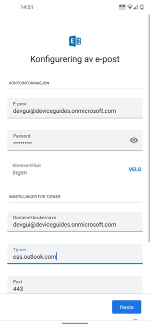 Skriv inn Brukernavn og Exchange serveradresse. Velg Neste