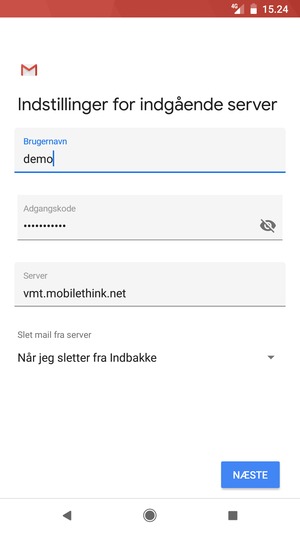 Indtast Brugernavn og indgående serveradresse. Vælg NÆSTE