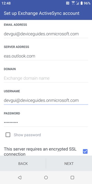 Enter Username and Exchange server address. Select NEXT