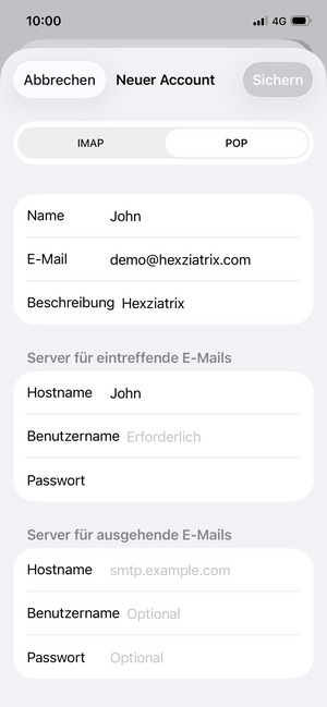 Wählen Sie IMAP oder POP und geben Sie E-Mail-Informationen für Server für eintreffende E-Mails ein